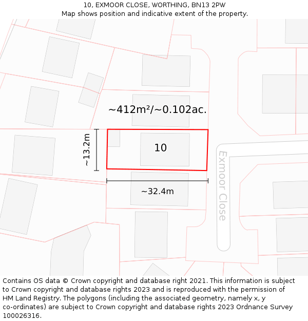 10, EXMOOR CLOSE, WORTHING, BN13 2PW: Plot and title map