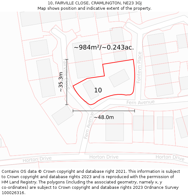 10, FAIRVILLE CLOSE, CRAMLINGTON, NE23 3GJ: Plot and title map