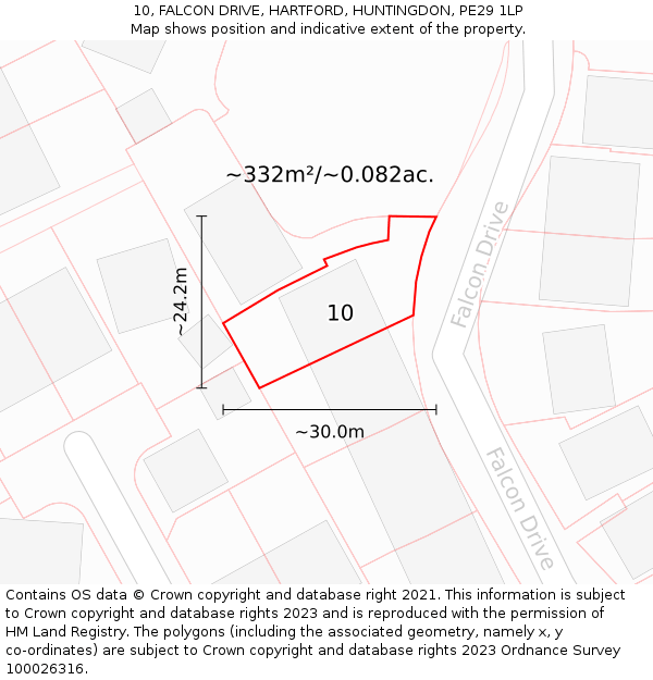 10, FALCON DRIVE, HARTFORD, HUNTINGDON, PE29 1LP: Plot and title map