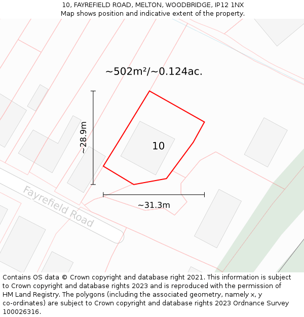 10, FAYREFIELD ROAD, MELTON, WOODBRIDGE, IP12 1NX: Plot and title map