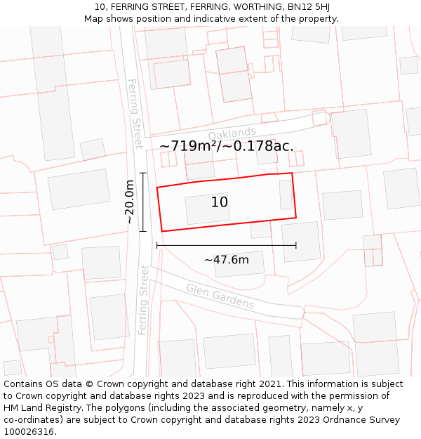 10, FERRING STREET, FERRING, WORTHING, BN12 5HJ: Plot and title map