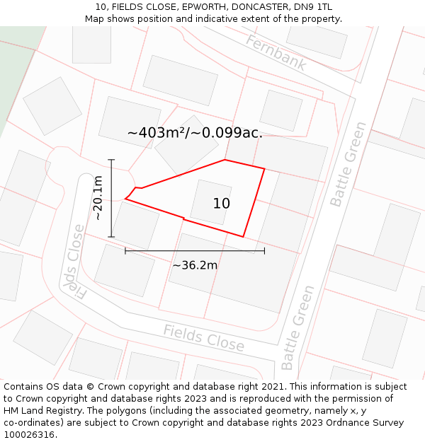 10, FIELDS CLOSE, EPWORTH, DONCASTER, DN9 1TL: Plot and title map