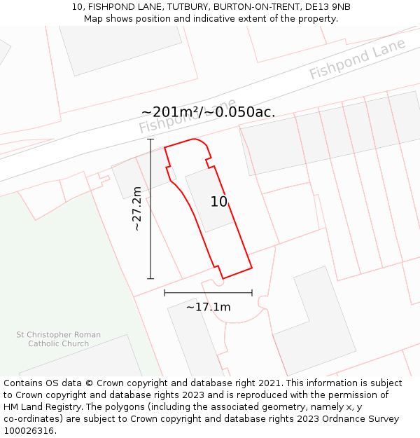 10, FISHPOND LANE, TUTBURY, BURTON-ON-TRENT, DE13 9NB: Plot and title map