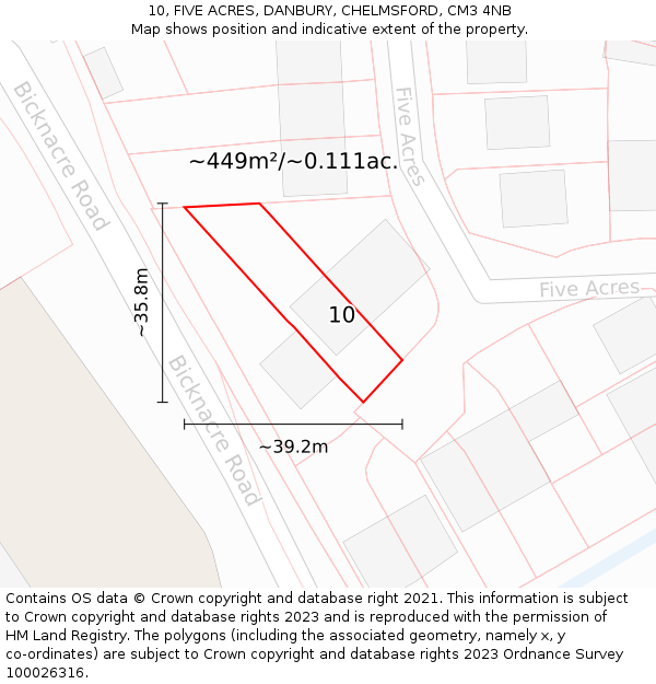 10, FIVE ACRES, DANBURY, CHELMSFORD, CM3 4NB: Plot and title map