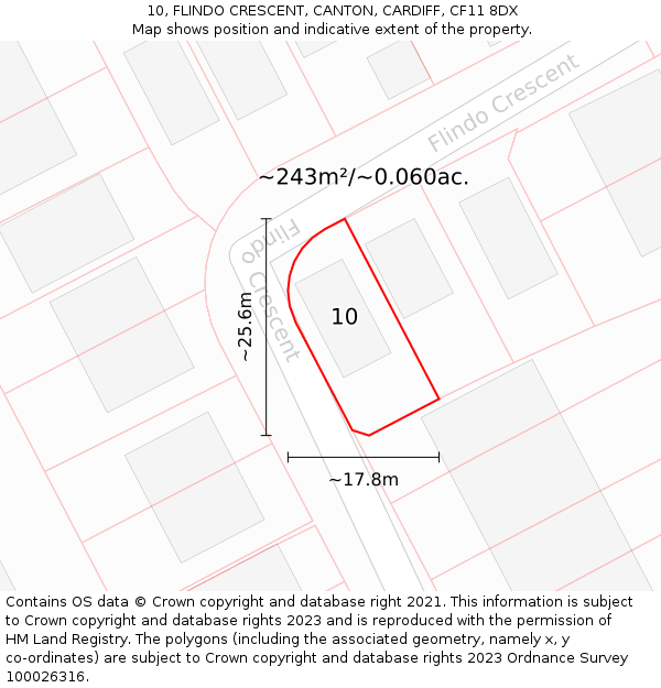 10, FLINDO CRESCENT, CANTON, CARDIFF, CF11 8DX: Plot and title map