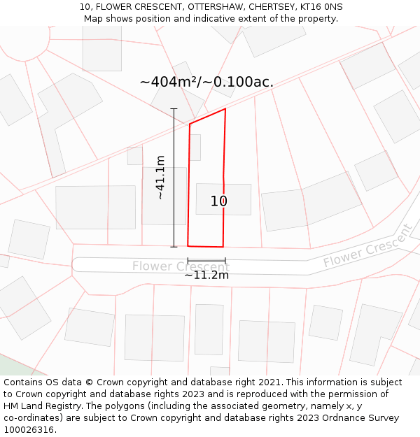 10, FLOWER CRESCENT, OTTERSHAW, CHERTSEY, KT16 0NS: Plot and title map