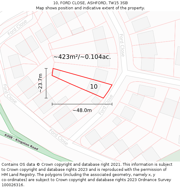 10, FORD CLOSE, ASHFORD, TW15 3SB: Plot and title map
