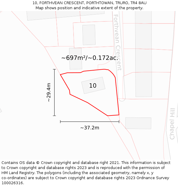 10, FORTHVEAN CRESCENT, PORTHTOWAN, TRURO, TR4 8AU: Plot and title map