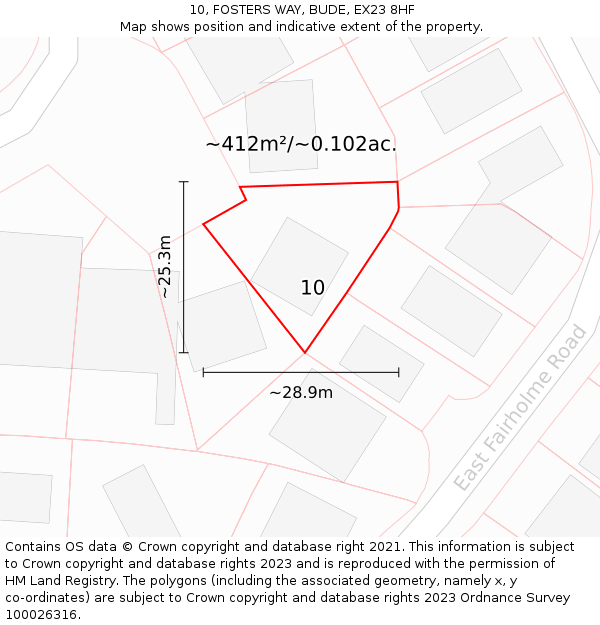 10, FOSTERS WAY, BUDE, EX23 8HF: Plot and title map