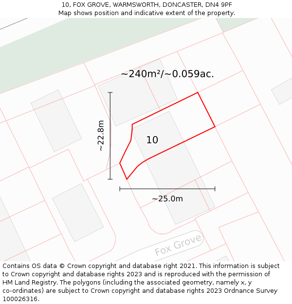 10, FOX GROVE, WARMSWORTH, DONCASTER, DN4 9PF: Plot and title map
