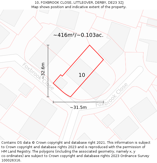 10, FOXBROOK CLOSE, LITTLEOVER, DERBY, DE23 3ZJ: Plot and title map
