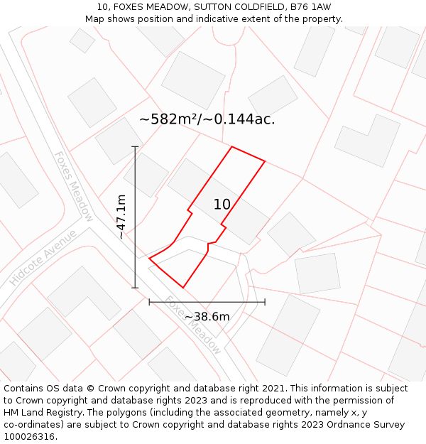 10, FOXES MEADOW, SUTTON COLDFIELD, B76 1AW: Plot and title map