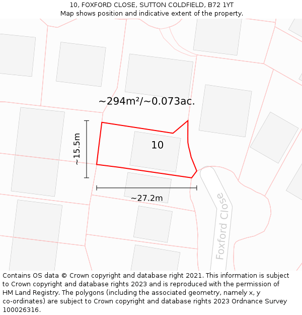 10, FOXFORD CLOSE, SUTTON COLDFIELD, B72 1YT: Plot and title map