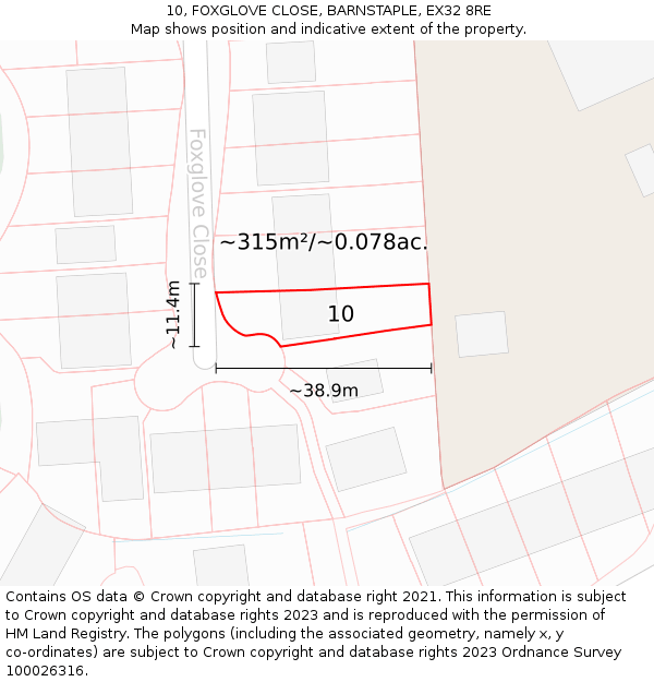 10, FOXGLOVE CLOSE, BARNSTAPLE, EX32 8RE: Plot and title map