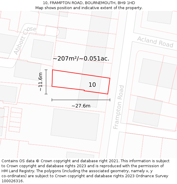 10, FRAMPTON ROAD, BOURNEMOUTH, BH9 1HD: Plot and title map