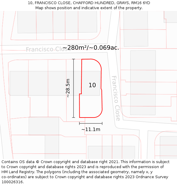 10, FRANCISCO CLOSE, CHAFFORD HUNDRED, GRAYS, RM16 6YD: Plot and title map