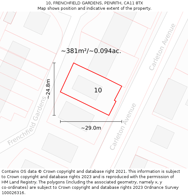 10, FRENCHFIELD GARDENS, PENRITH, CA11 8TX: Plot and title map
