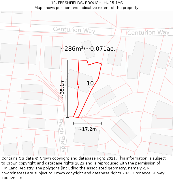 10, FRESHFIELDS, BROUGH, HU15 1AS: Plot and title map