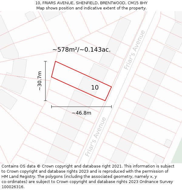 10, FRIARS AVENUE, SHENFIELD, BRENTWOOD, CM15 8HY: Plot and title map