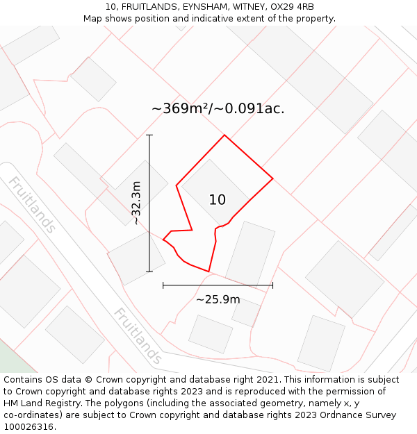 10, FRUITLANDS, EYNSHAM, WITNEY, OX29 4RB: Plot and title map