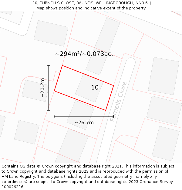 10, FURNELLS CLOSE, RAUNDS, WELLINGBOROUGH, NN9 6LJ: Plot and title map