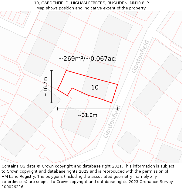 10, GARDENFIELD, HIGHAM FERRERS, RUSHDEN, NN10 8LP: Plot and title map