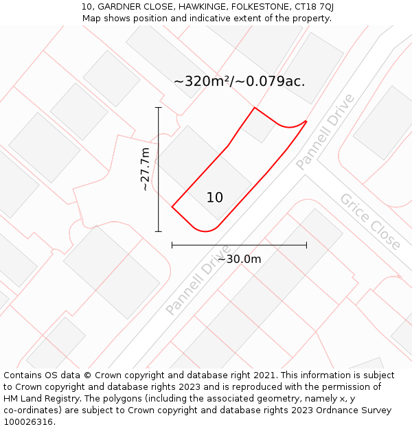 10, GARDNER CLOSE, HAWKINGE, FOLKESTONE, CT18 7QJ: Plot and title map