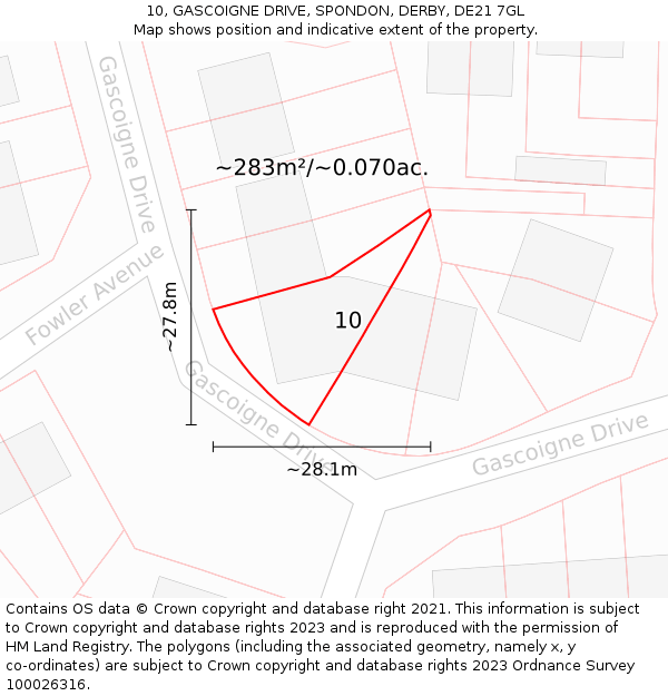 10, GASCOIGNE DRIVE, SPONDON, DERBY, DE21 7GL: Plot and title map