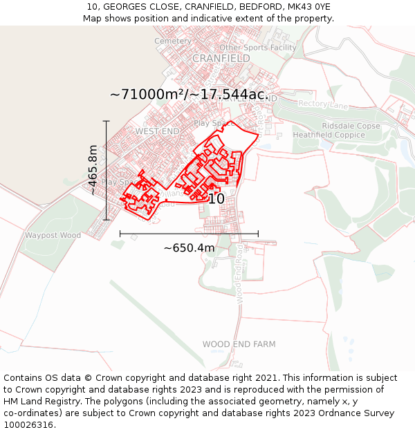 10, GEORGES CLOSE, CRANFIELD, BEDFORD, MK43 0YE: Plot and title map