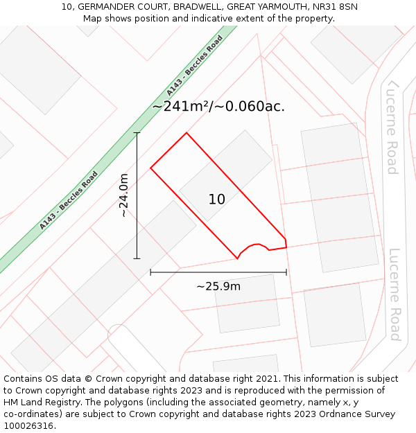 10, GERMANDER COURT, BRADWELL, GREAT YARMOUTH, NR31 8SN: Plot and title map