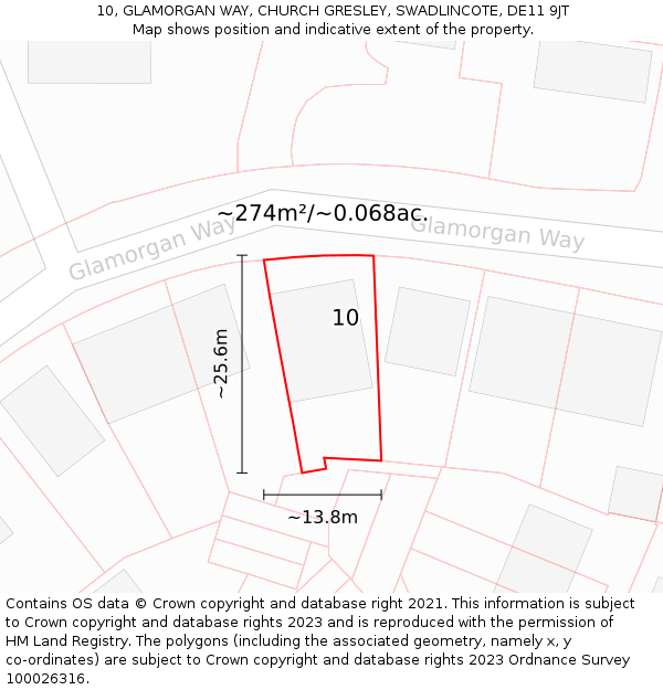 10, GLAMORGAN WAY, CHURCH GRESLEY, SWADLINCOTE, DE11 9JT: Plot and title map