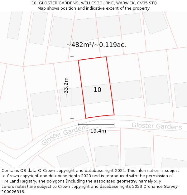 10, GLOSTER GARDENS, WELLESBOURNE, WARWICK, CV35 9TQ: Plot and title map