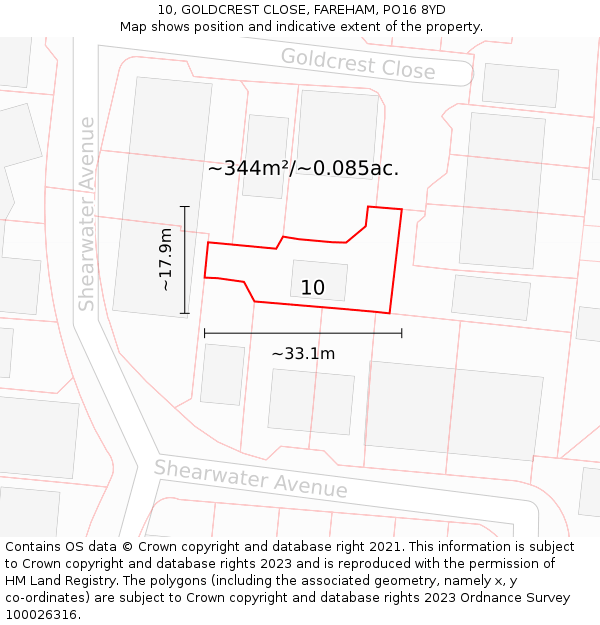 10, GOLDCREST CLOSE, FAREHAM, PO16 8YD: Plot and title map
