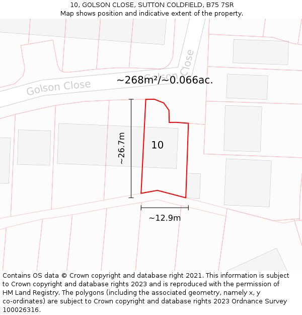 10, GOLSON CLOSE, SUTTON COLDFIELD, B75 7SR: Plot and title map