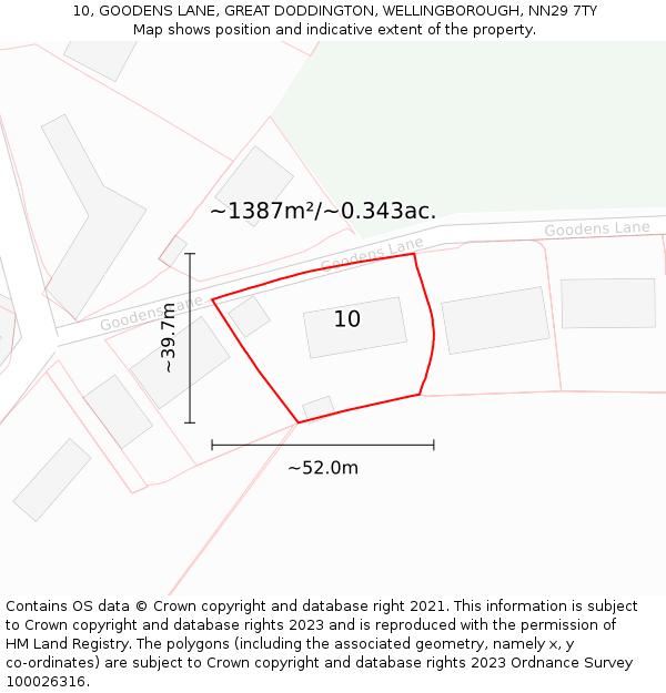 10, GOODENS LANE, GREAT DODDINGTON, WELLINGBOROUGH, NN29 7TY: Plot and title map