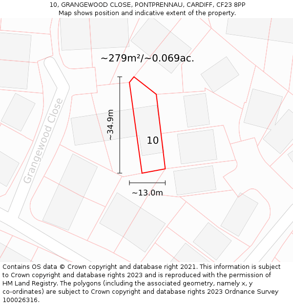 10, GRANGEWOOD CLOSE, PONTPRENNAU, CARDIFF, CF23 8PP: Plot and title map