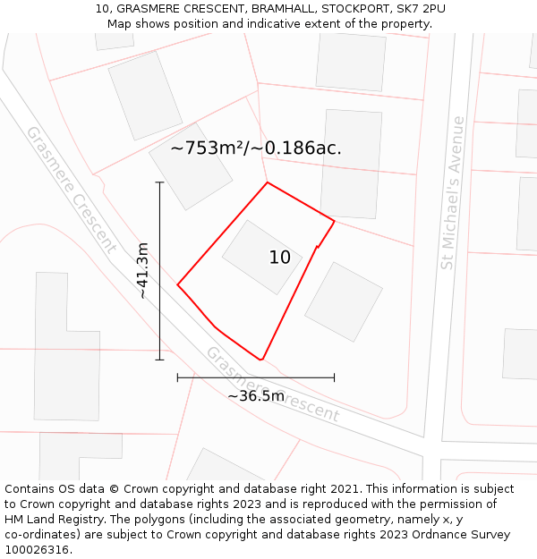 10, GRASMERE CRESCENT, BRAMHALL, STOCKPORT, SK7 2PU: Plot and title map