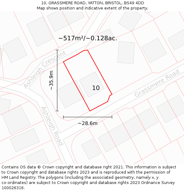 10, GRASSMERE ROAD, YATTON, BRISTOL, BS49 4DD: Plot and title map