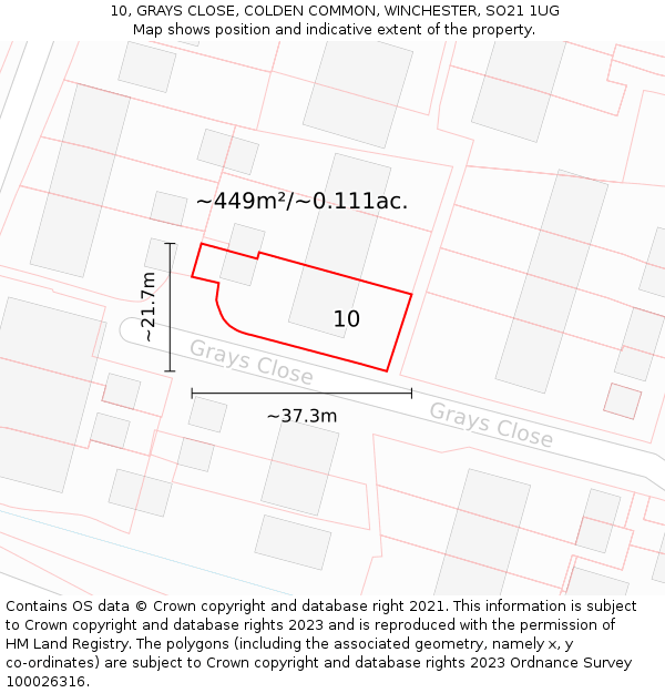 10, GRAYS CLOSE, COLDEN COMMON, WINCHESTER, SO21 1UG: Plot and title map