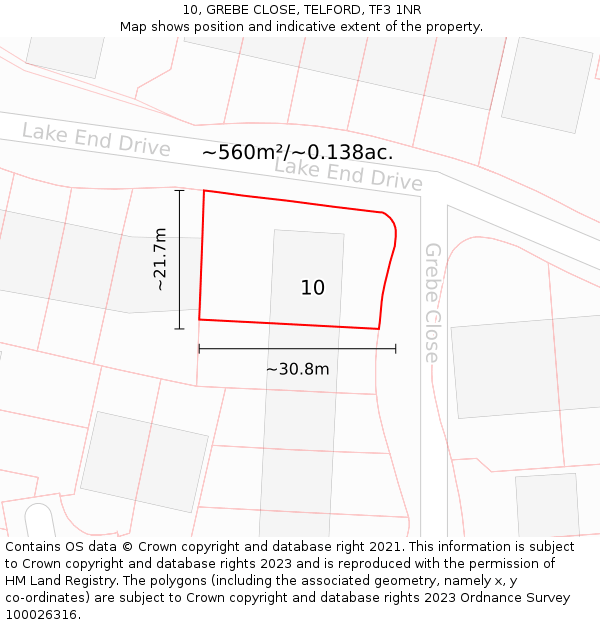 10, GREBE CLOSE, TELFORD, TF3 1NR: Plot and title map