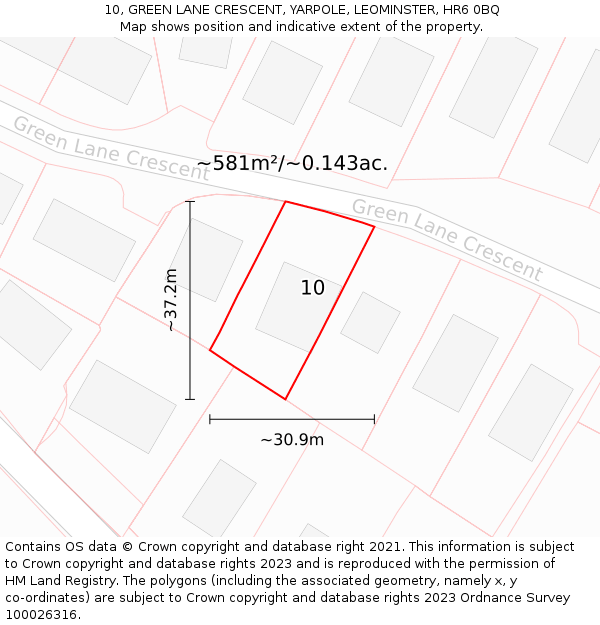 10, GREEN LANE CRESCENT, YARPOLE, LEOMINSTER, HR6 0BQ: Plot and title map