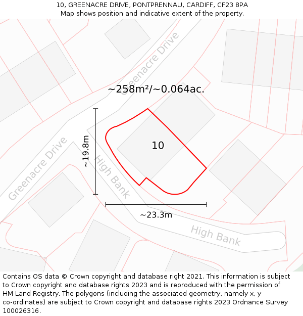 10, GREENACRE DRIVE, PONTPRENNAU, CARDIFF, CF23 8PA: Plot and title map
