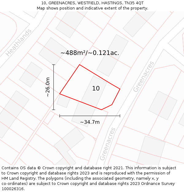 10, GREENACRES, WESTFIELD, HASTINGS, TN35 4QT: Plot and title map