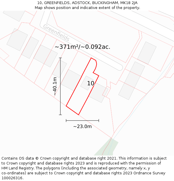 10, GREENFIELDS, ADSTOCK, BUCKINGHAM, MK18 2JA: Plot and title map