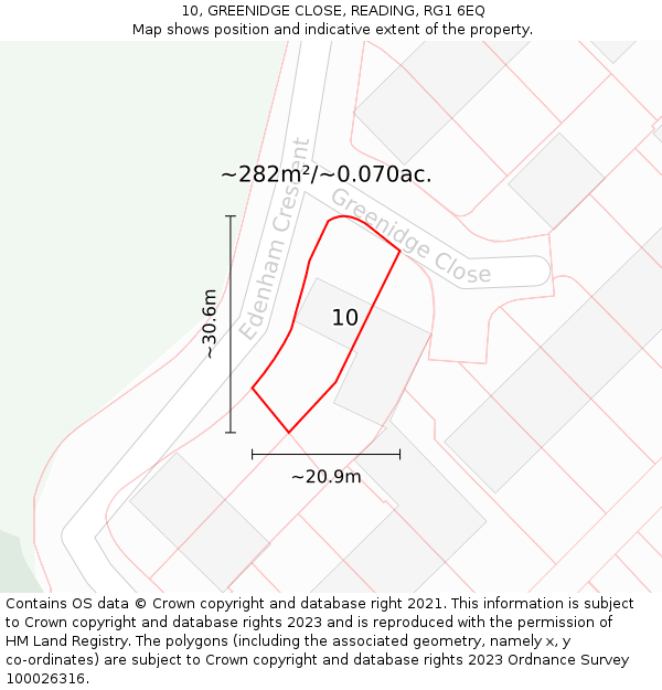10, GREENIDGE CLOSE, READING, RG1 6EQ: Plot and title map