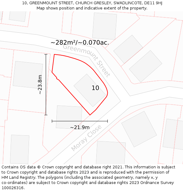 10, GREENMOUNT STREET, CHURCH GRESLEY, SWADLINCOTE, DE11 9HJ: Plot and title map