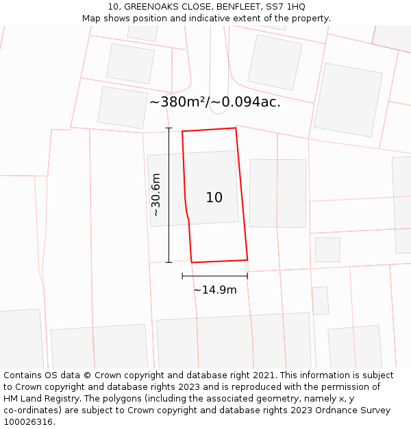 10, GREENOAKS CLOSE, BENFLEET, SS7 1HQ: Plot and title map