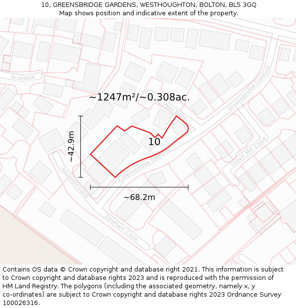 10, GREENSBRIDGE GARDENS, WESTHOUGHTON, BOLTON, BL5 3GQ: Plot and title map