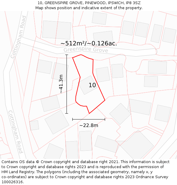 10, GREENSPIRE GROVE, PINEWOOD, IPSWICH, IP8 3SZ: Plot and title map