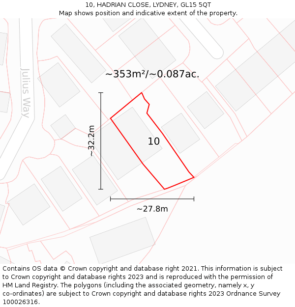 10, HADRIAN CLOSE, LYDNEY, GL15 5QT: Plot and title map